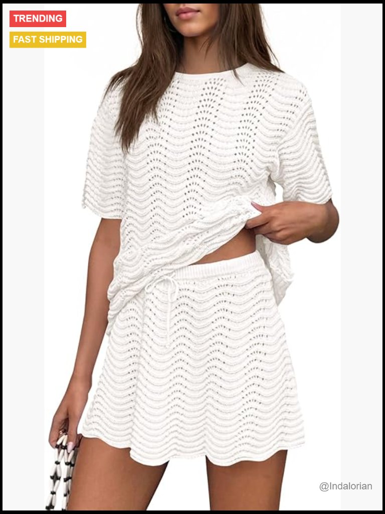 Crochet Swimsuit Coverup 2 Piece Skirt Set Knit Beach Vacation Outfits